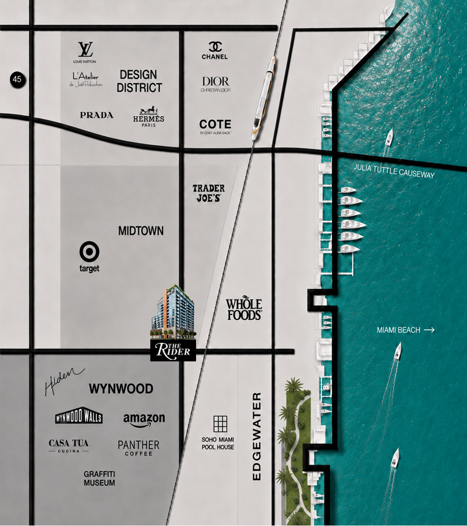 Map showing The Rider Residences at 94 NE 29th Street between Wynwood, Midtown, the Miami Design District and Edgewater